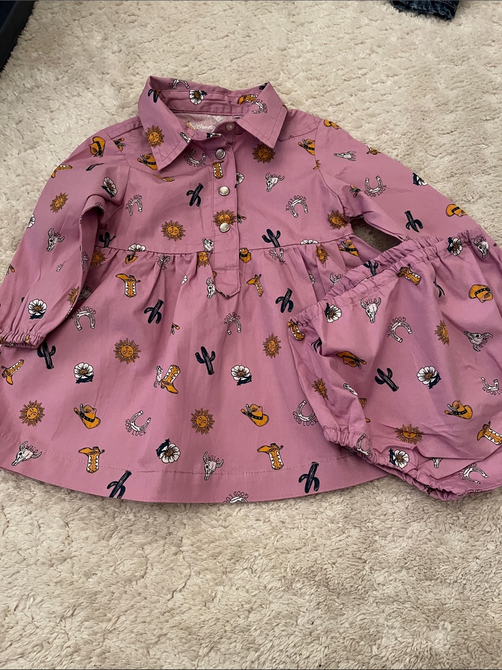Wrangler Pink Western Print Button-Front Dress with Matching Bloomers
